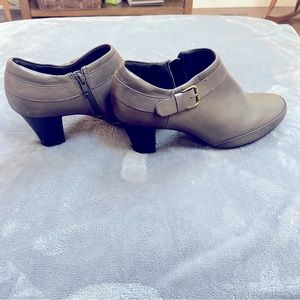 Clarks gray heeled bootie with buckle, 9.5W, excellent condition, 3 in heel